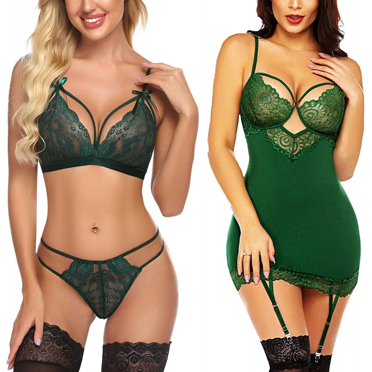 Avidlove Women Lingerie Set Teddy Bodysuit with Garter Belt Lace Babydoll Dark Green XX-Large