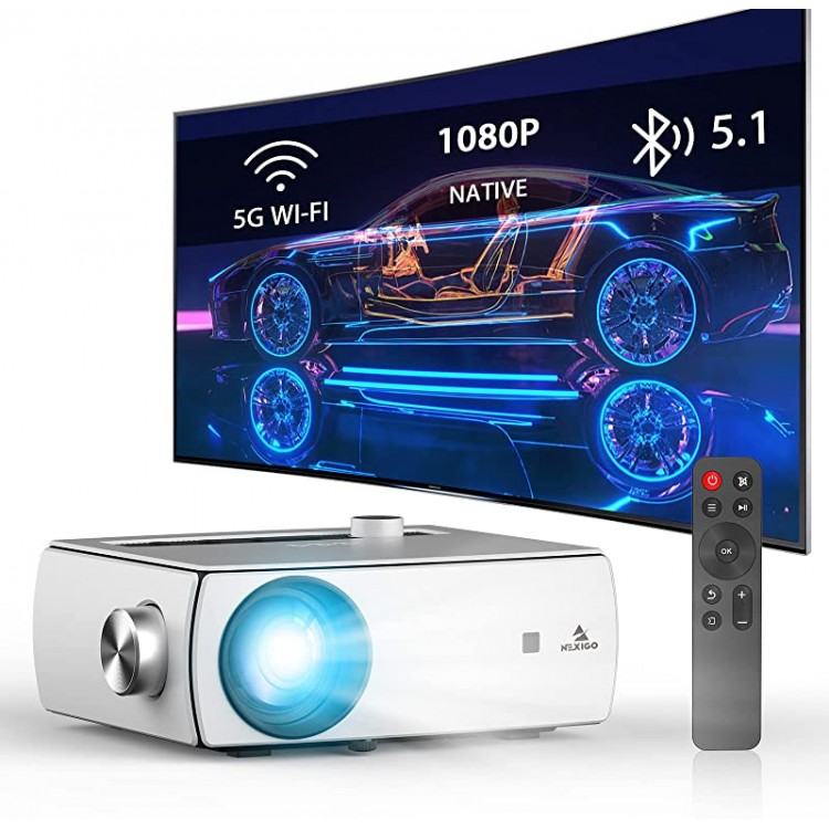 NexiGo Native 1080P WiFi Projector with Dolby_Sound Support, Bluetooth 5.1 , [220ANSI - Over 7500 Lux Brightness], Remote, Compatible with Phone, Computer, HDMI, USB, AV Interfaces