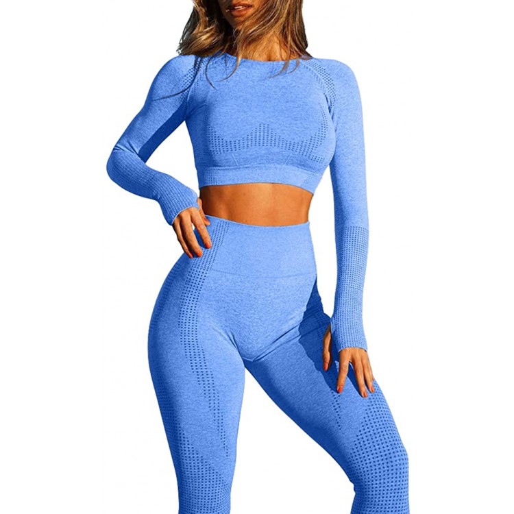 OQQ Women Exercise Outfit 2 Piece Seamless High Waist Leggings Long Sleeve Crop Top Yoga Set