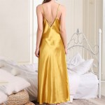 XJJZS Women Satin Nightdress Yellow Summer New Suspender Skirt Sleepwear V-neck Nightgown Sexy Long Night Dress (Color : Gold, Size : S code)