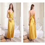 XJJZS Women Satin Nightdress Yellow Summer New Suspender Skirt Sleepwear V-neck Nightgown Sexy Long Night Dress (Color : Gold, Size : S code)