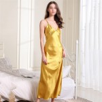 XJJZS Women Satin Nightdress Yellow Summer New Suspender Skirt Sleepwear V-neck Nightgown Sexy Long Night Dress (Color : Gold, Size : S code)