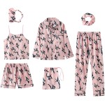 Women&#39;s 7pcs Pajama Set Satin Silk Sexy Cami Shorts Set Pjs &amp; Button Down Long Sleeve Shirt Sleepwear Loungewear All Season