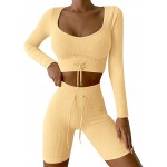 Workout Sets for Women 2 Piece Seamless Long Sleeve Crop Top Ribbed High Wasit Leggings Gym Yoga Outfits Tracksuit