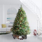 EZCHEER 7.5FT Pre-lit Artificial Christmas Tree with 550 Warm White UL-Certified LED Lights and 1600 Branch Tips , Xmas Tree with Pre-Decorated Real Pine Cones and Red Berries