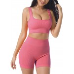 Women&#39;s Workout Outfits Yoga Set 2 Piece Seamless Ribbed Sports Bra Tight Shorts Gym Suit