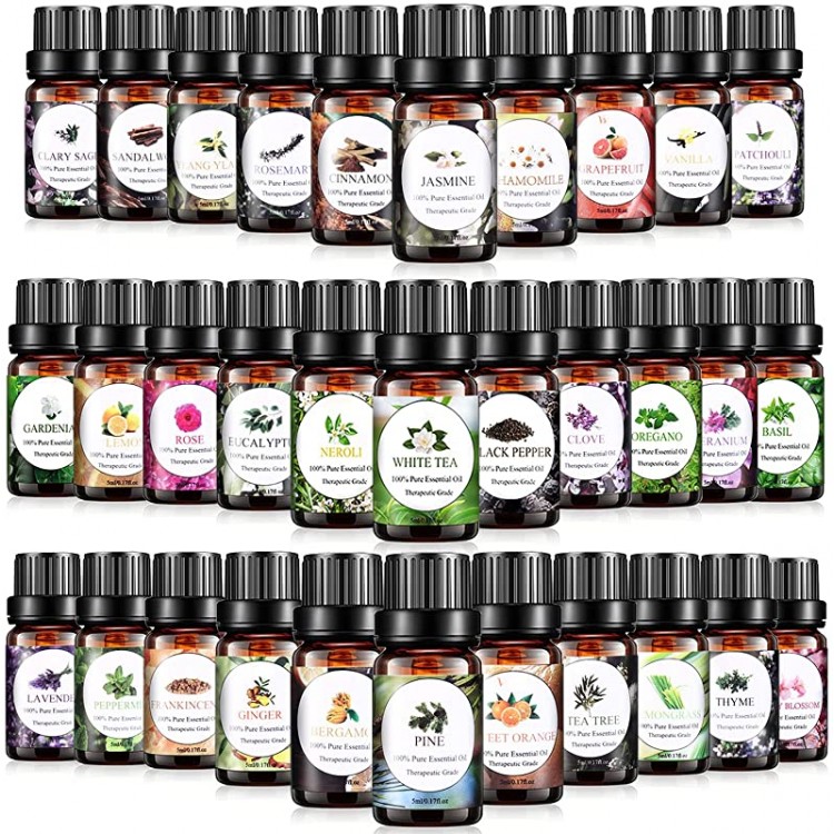 Essential Oils Set, Aromatherapy Essential Oil Kit for Diffuser, Humidifier, Massage, Skin Care (32 x 5ml) - Eucalyptus, Lavender, Tea Tree, Peppermint, Lemongrass, Frankincense, Cinnamon, Sandalwood