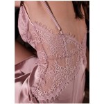 Women Sexy Silk Nightwear Lingerie V- Neck Elegant Lace Splice Strap Dress Chemise Nightdress Babydoll Sleepwear Sleeveless